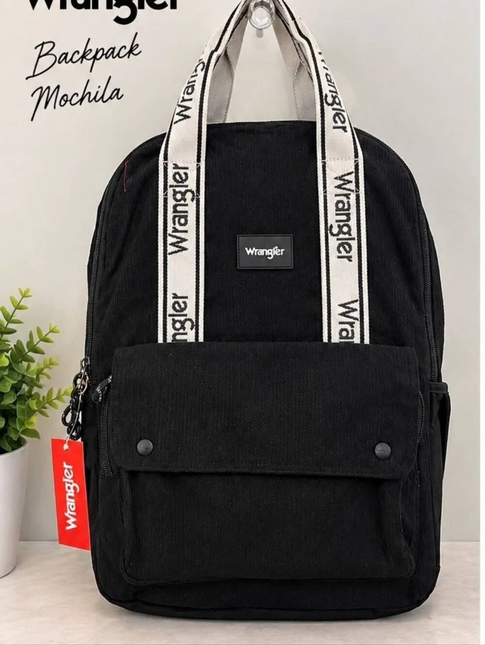 Wrangler Black Corduroy Backpack with White Logo Straps & Light Reflective Strip